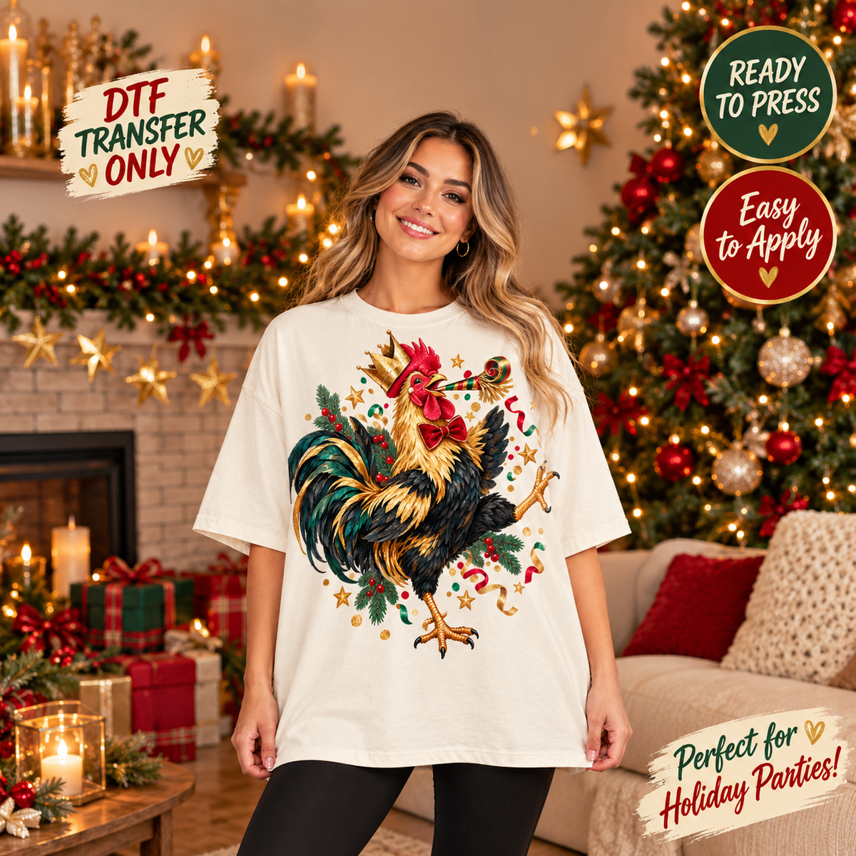 Funny Christmas Party Rooster DTF Transfer 15619