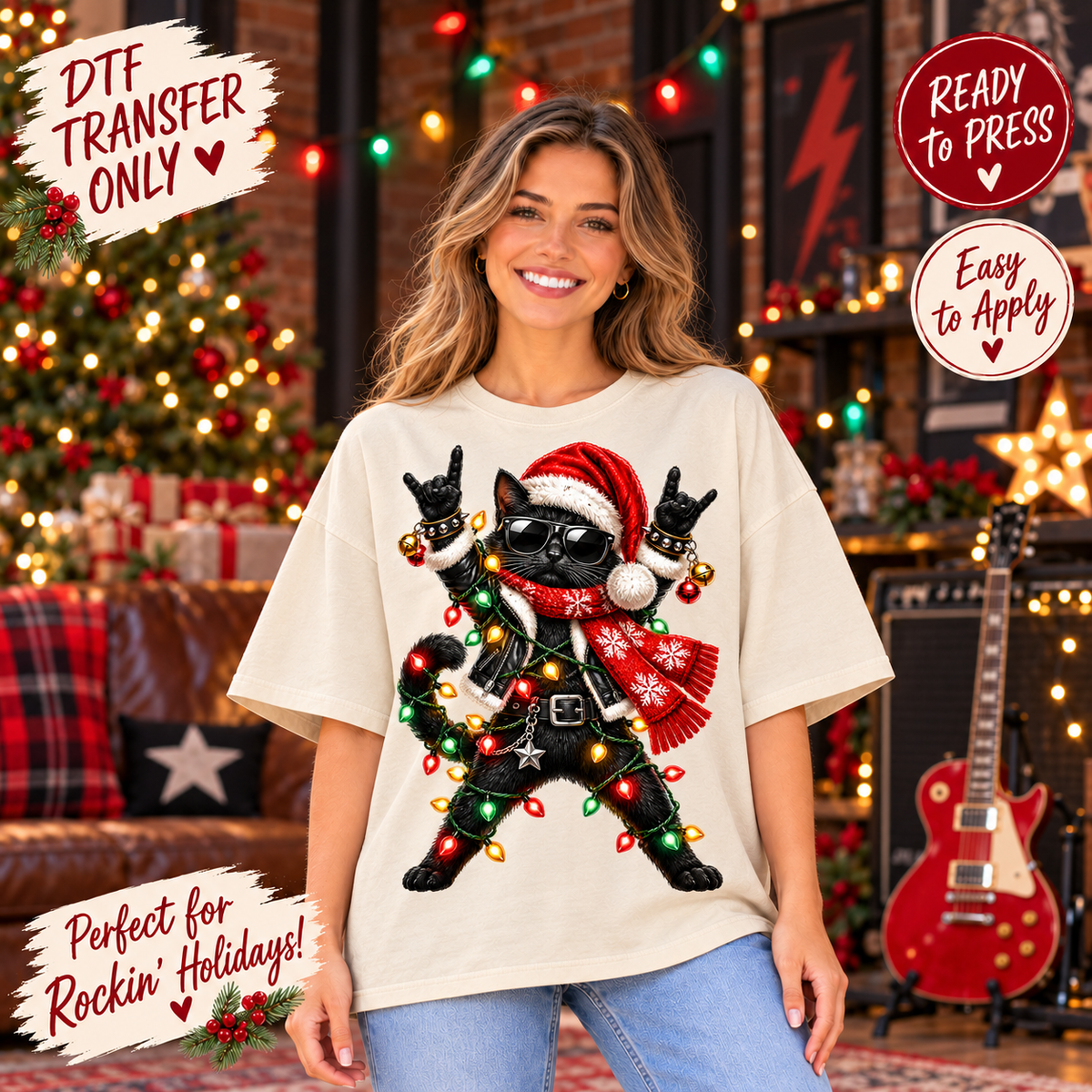Christmas Rock and Roll Cat DTF Transfer 15621