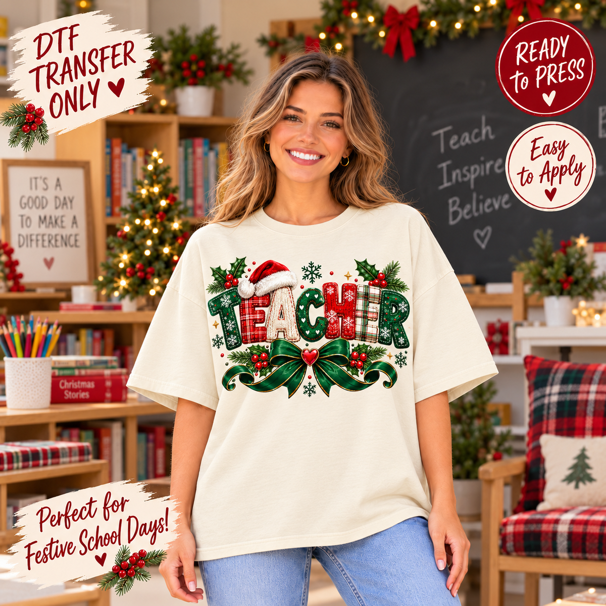Christmas Teacher Plaid Bow DTF Transfer 15623