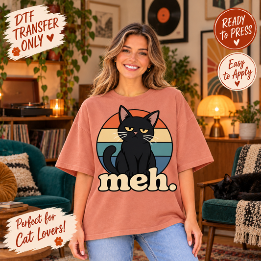 Meh Funny Black Cat Retro Sunset DTF Transfer 15624