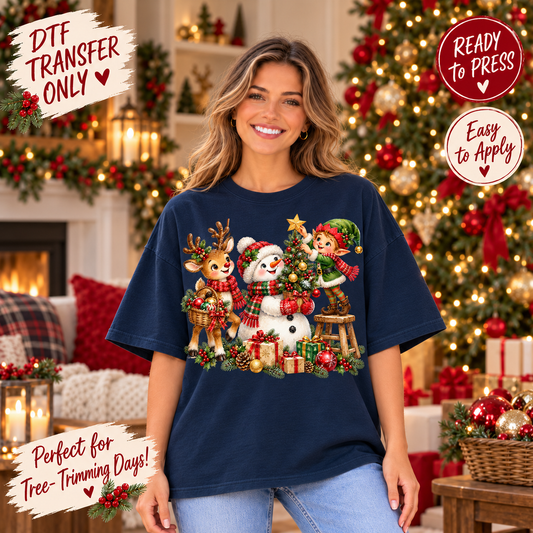 Christmas Tree Trimming Reindeer Snowman Elf DTF Transfer 15628