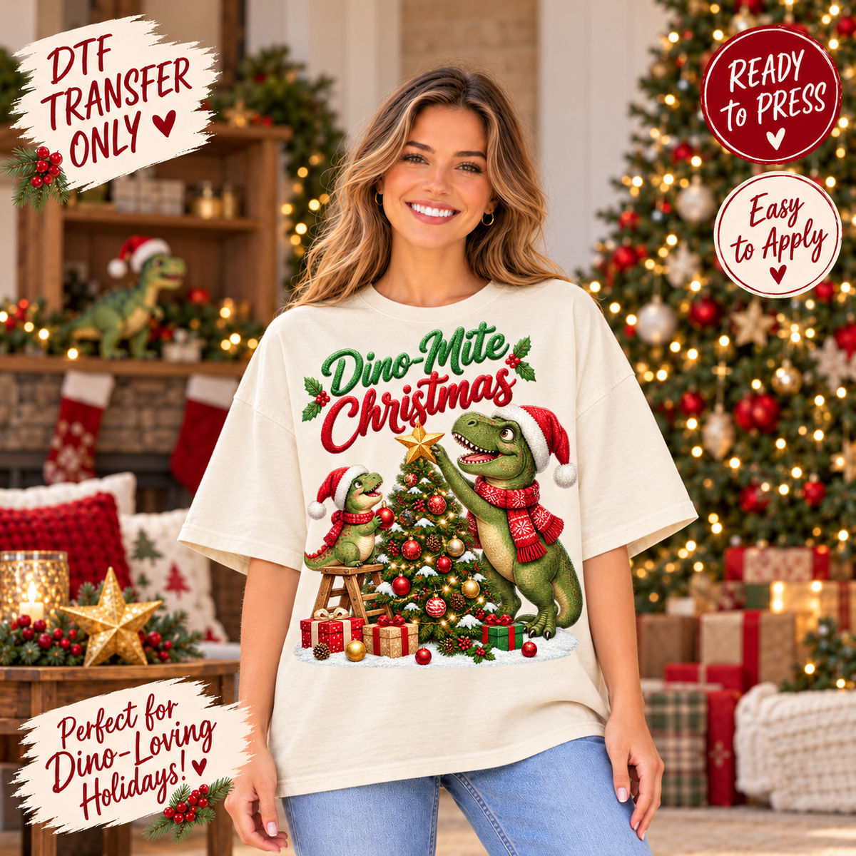 Dino Mite Christmas Dinosaur DTF Transfer 15629