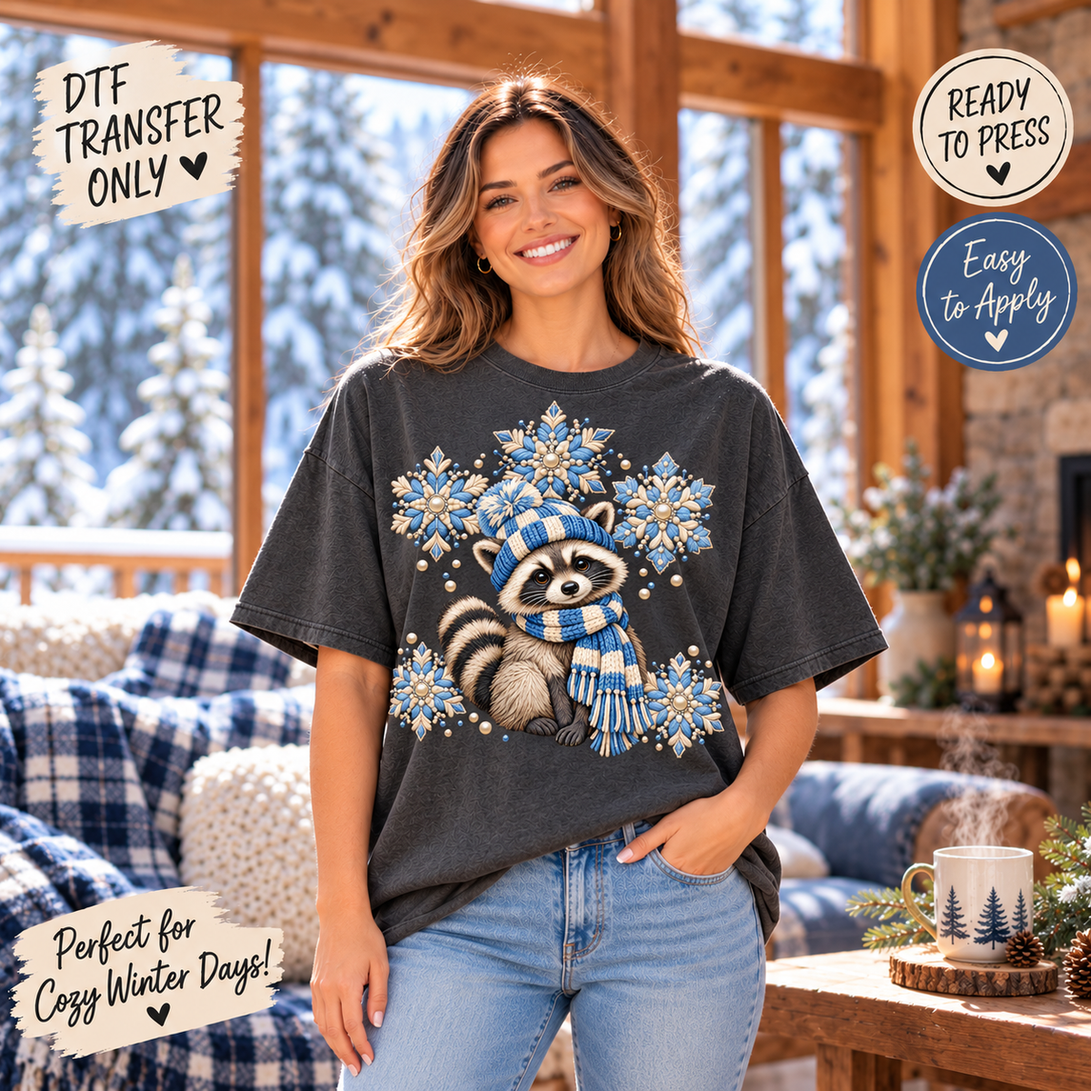 Cute Winter Raccoon Blue Snowflakes DTF Transfer 15640