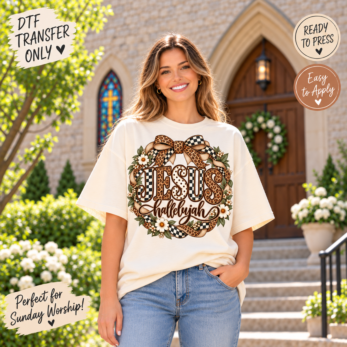 Jesus Hallelujah Leopard Checkered Bow DTF Transfer 15641