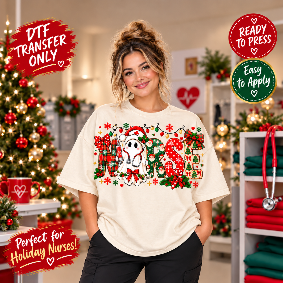 Christmas Nurse Ghost Patchwork Letters DTF Transfer 15646