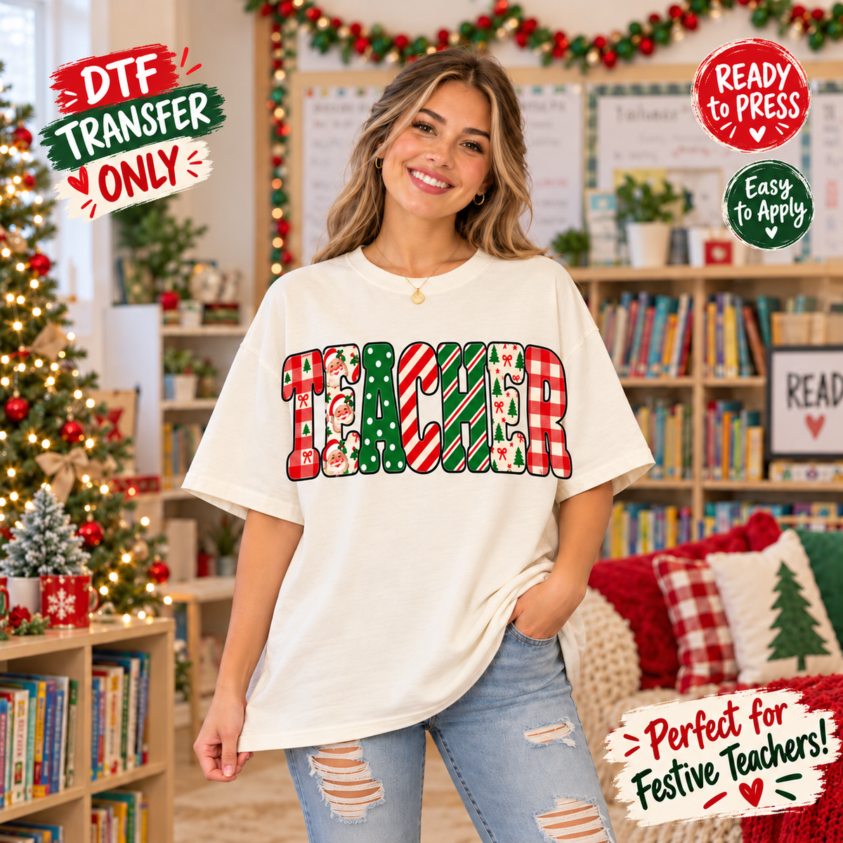Christmas Teacher DTF Transfer - Festive Patchwork Letters 15648