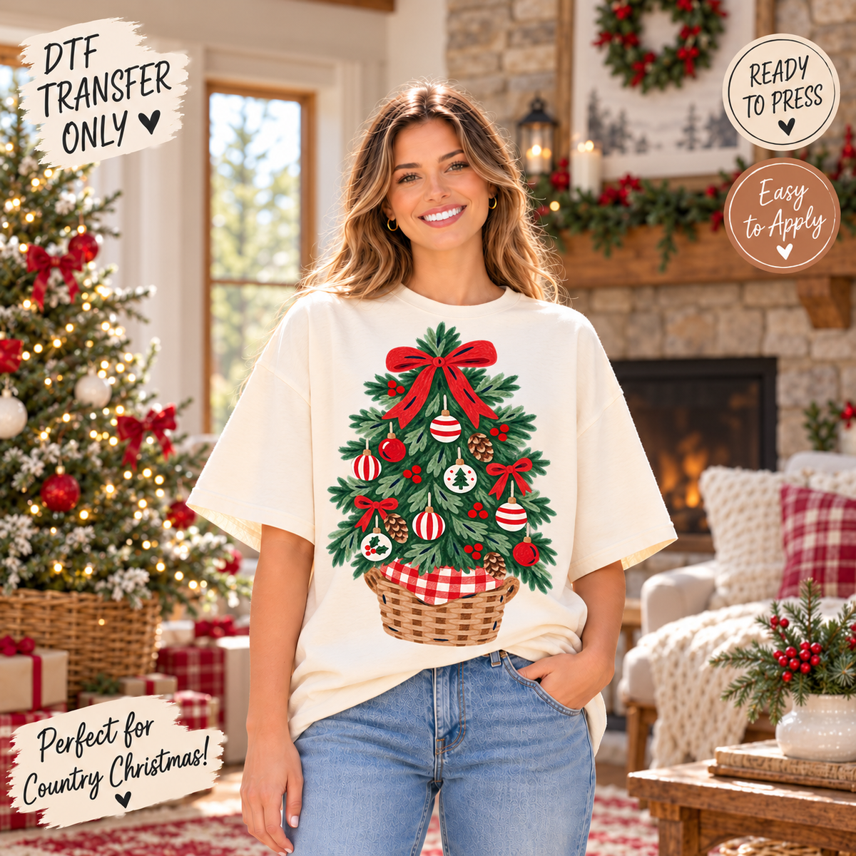 Country Christmas Tree DTF Transfer - Wicker Basket 15656