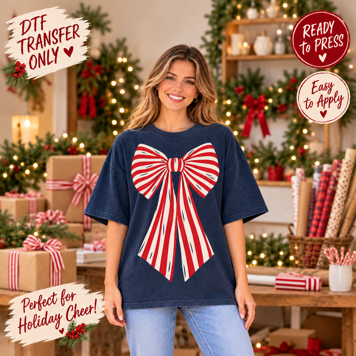 Christmas Striped Bow DTF Transfer - Long Ribbon Tails 15659