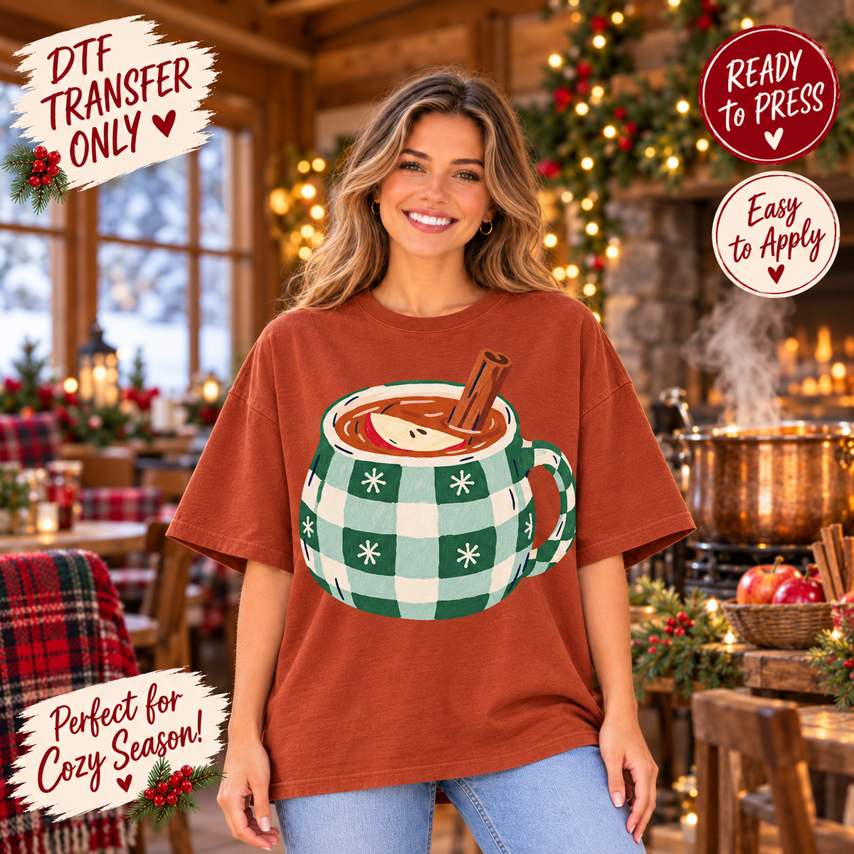 Christmas Hot Cocoa Mug DTF Transfer - Green Gingham 15664
