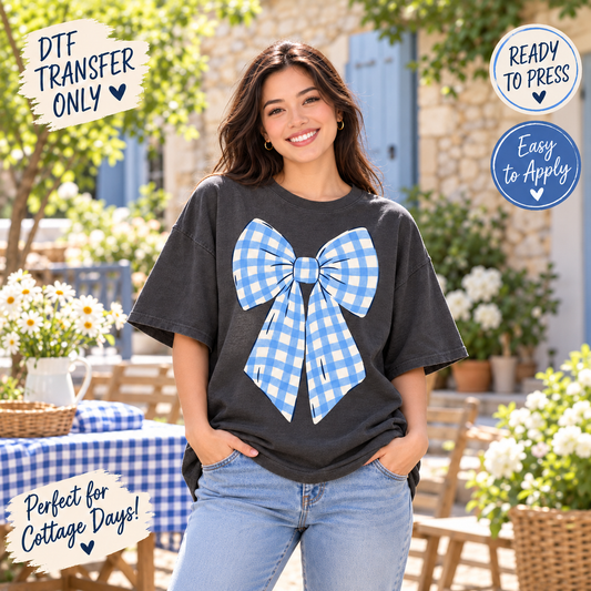 Blue Gingham Bow DTF Transfer - Cottagecore Ribbon 15667