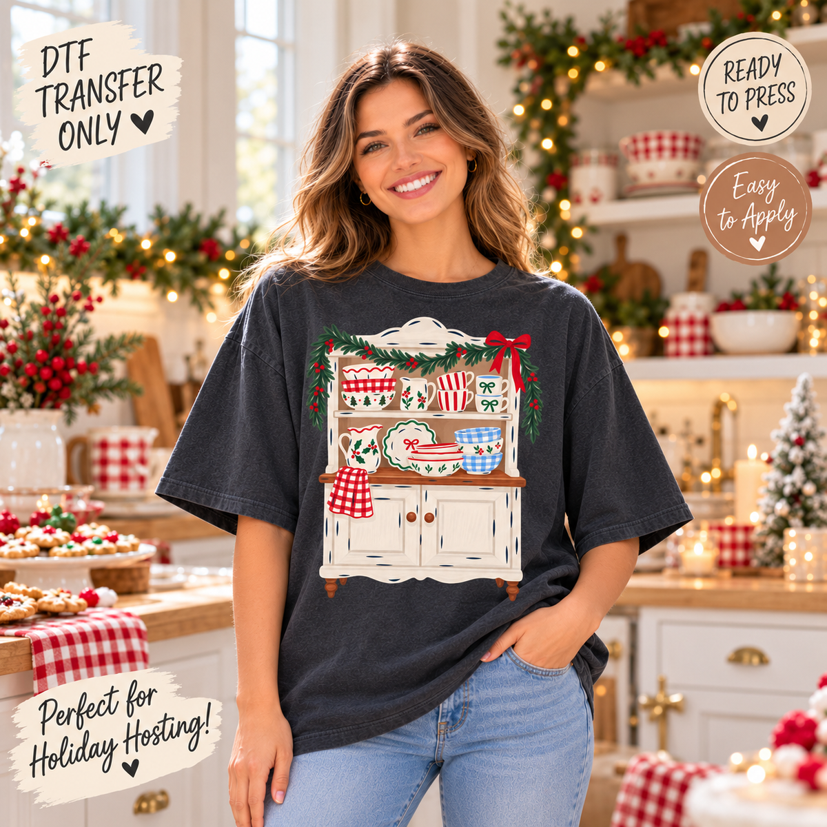 Christmas Kitchen Hutch DTF Transfer - Vintage Dishes 15670