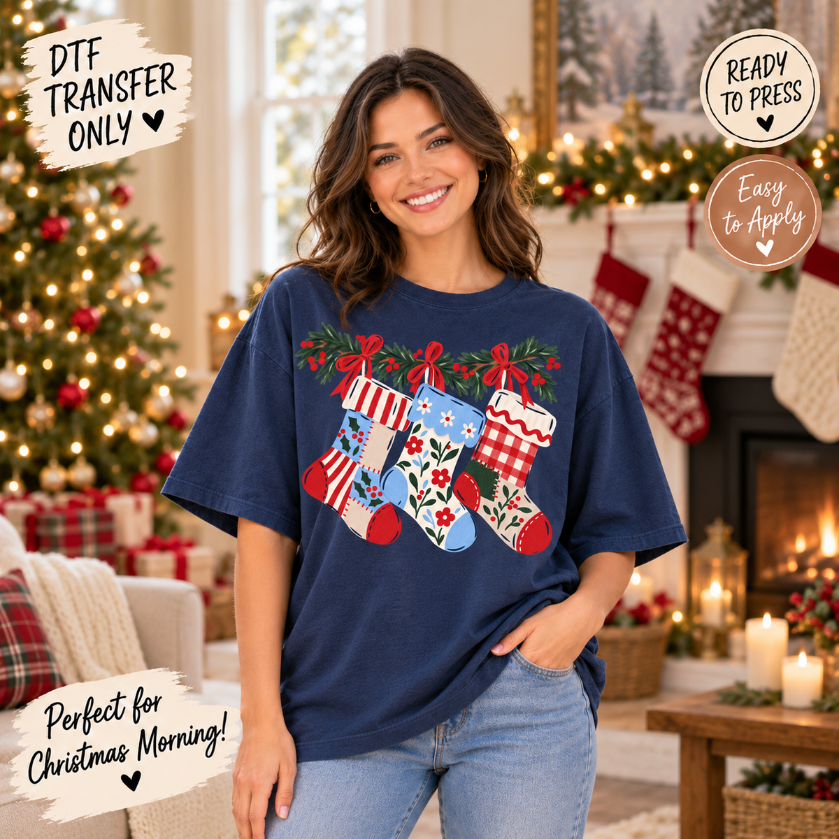 Christmas Stockings DTF Transfer - Gingham and Floral 15673
