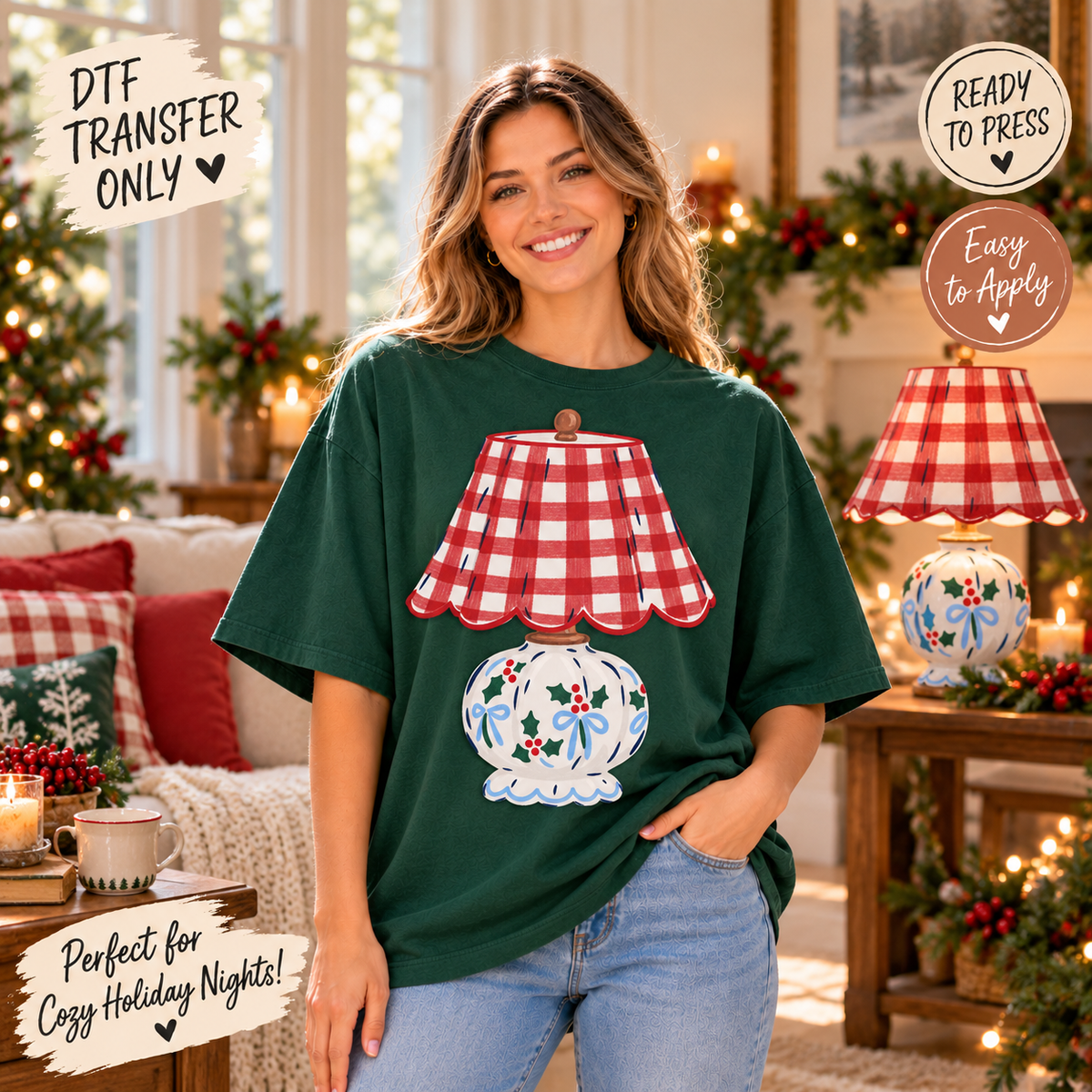 Christmas Gingham Lamp DTF Transfer - Floral Base 15674