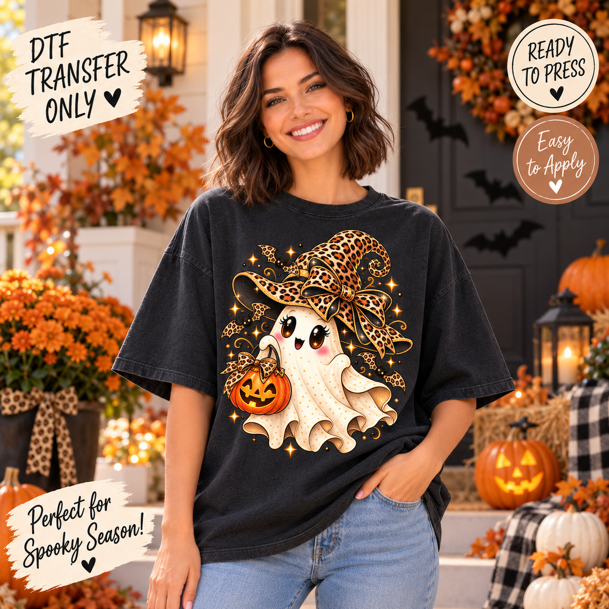 Halloween Ghost Witch DTF Transfer - Leopard Hat 15675