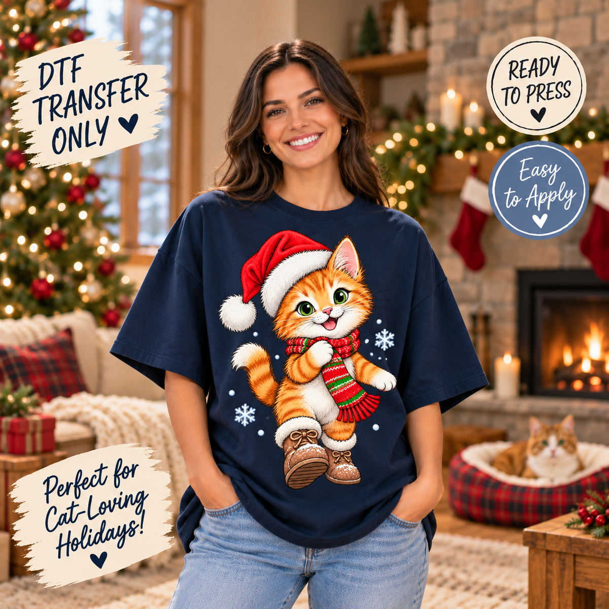 Christmas Kitten DTF Transfer - Santa Hat and Scarf 15681