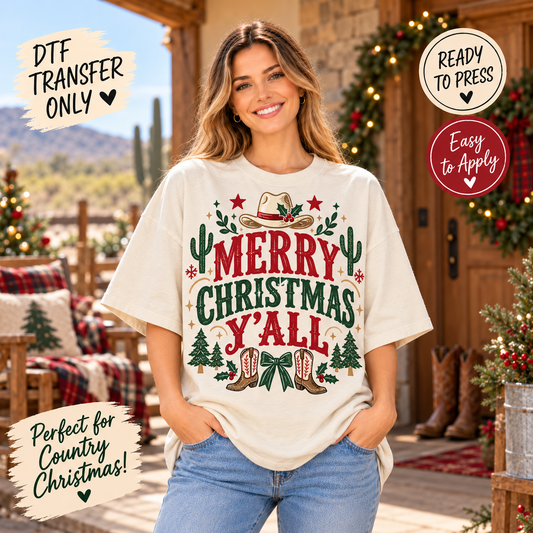 Merry Christmas Y'all Western DTF Transfer - Cowboy Boots 15686