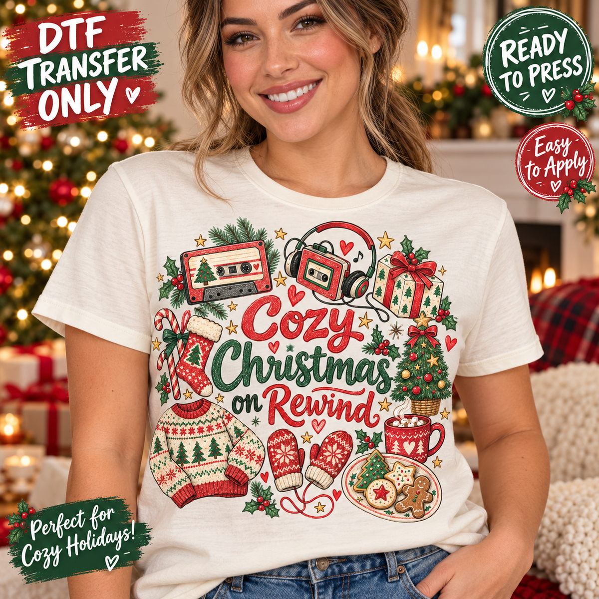 Cozy Christmas on Rewind DTF Transfer - Retro Cassette shirt mock up
