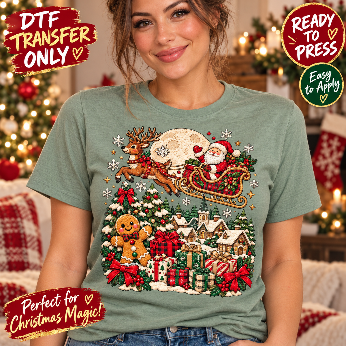 Santa Sleigh Christmas Village DTF Transfer - Gingerbread 15701