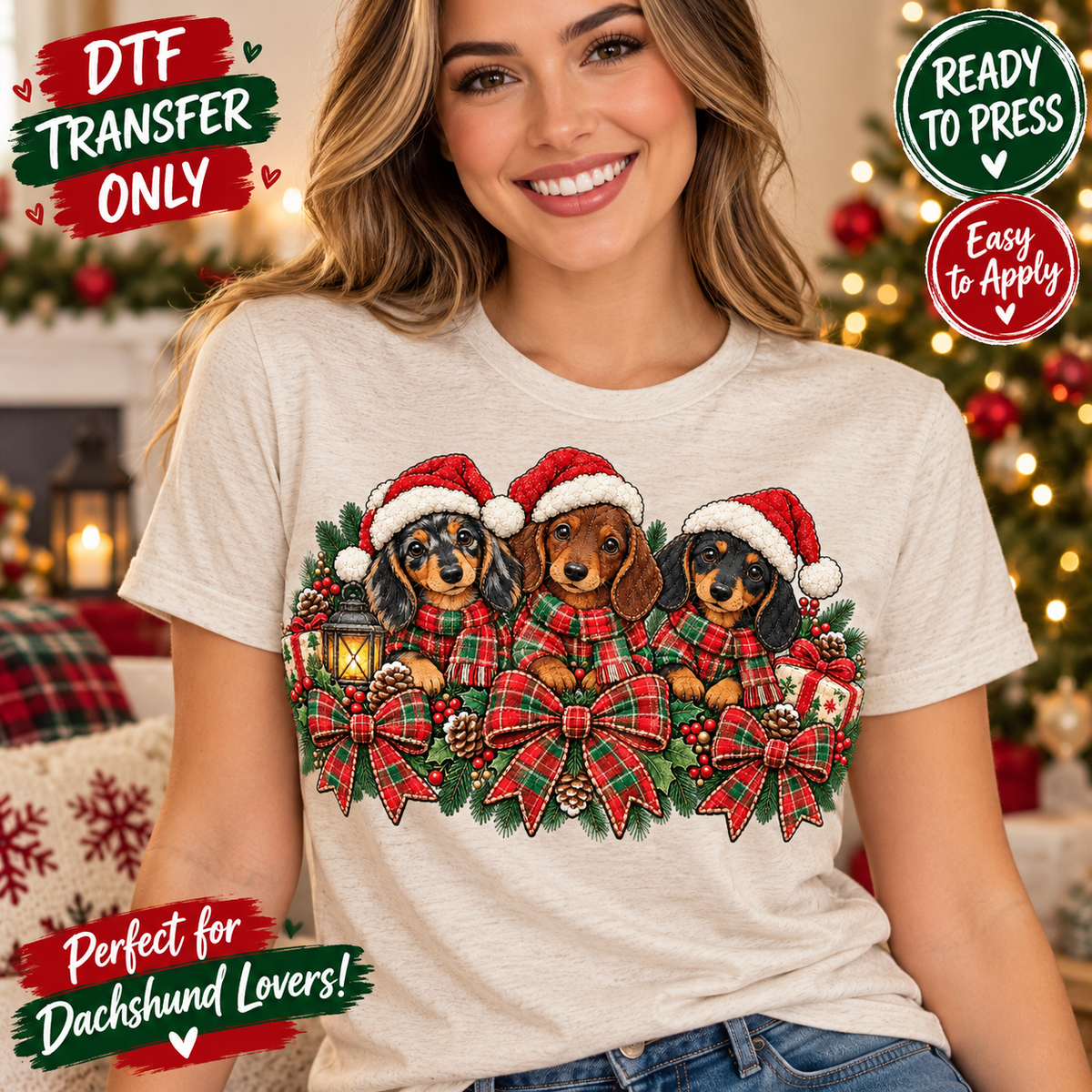 Christmas Dachshund Dogs DTF Transfer - Plaid Bows 15703