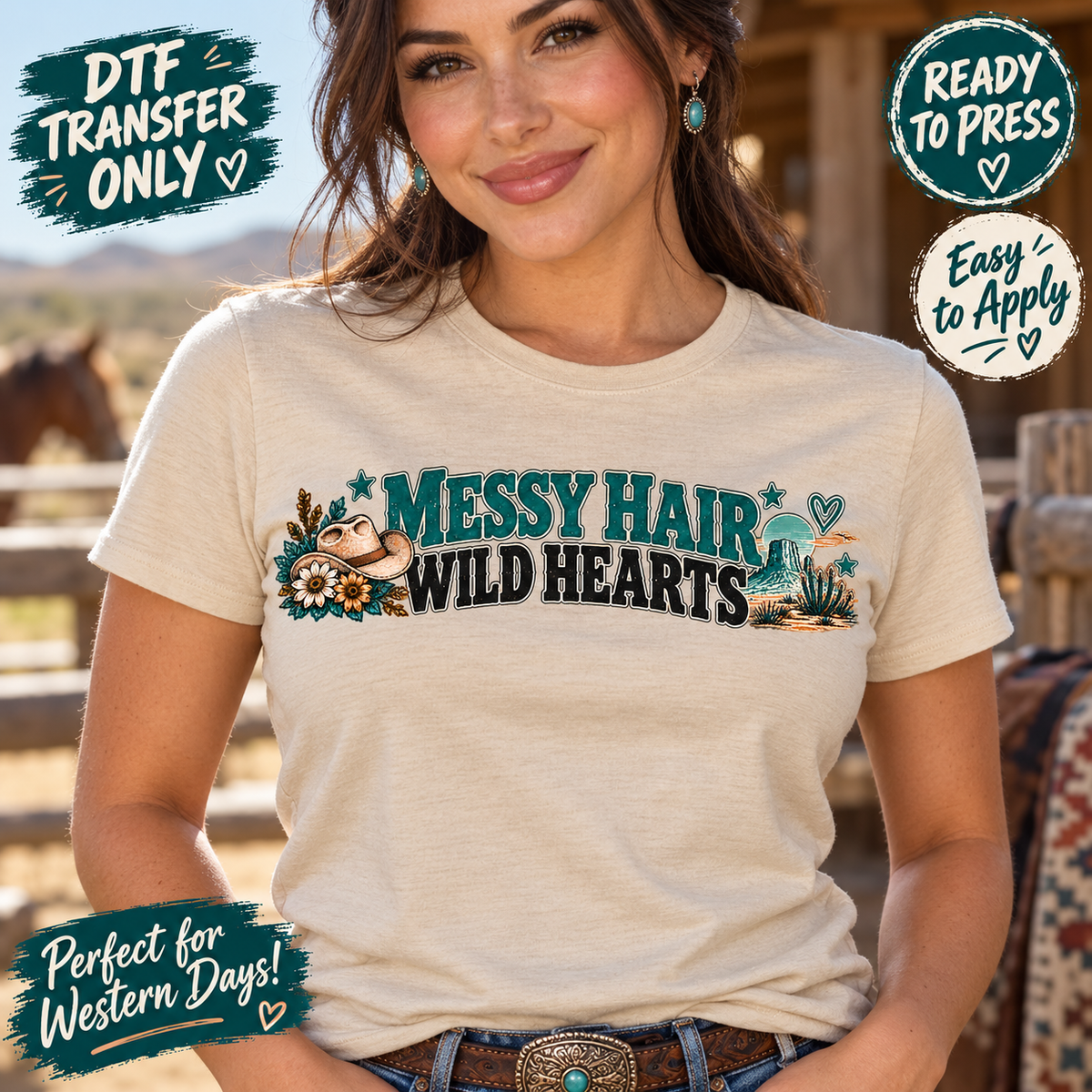 Messy Hair Wild Hearts Western DTF Transfer - Compact Graphic 15705