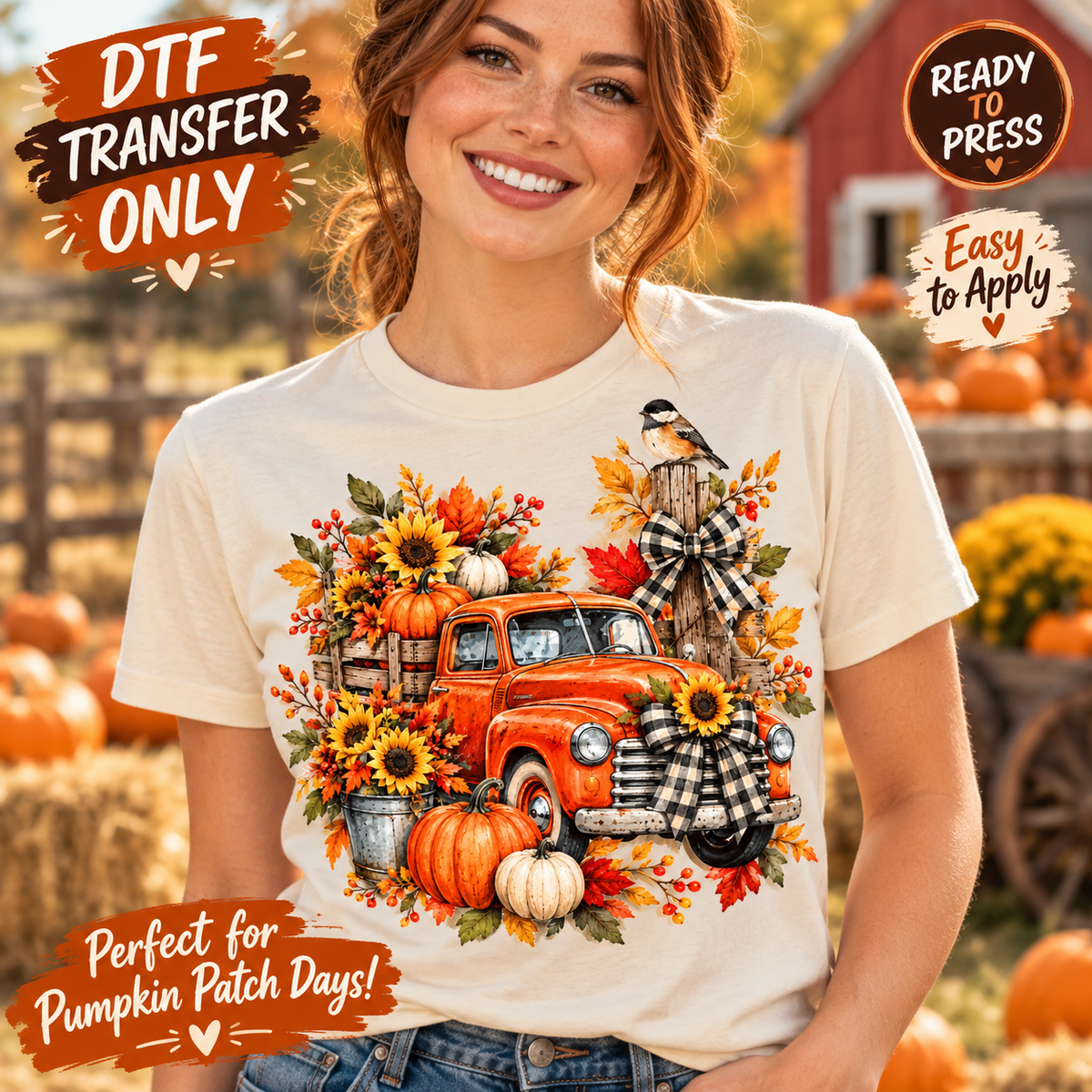 Vintage Truck and Scarecrow Fall DTF Transfer - Pumpkins 15712