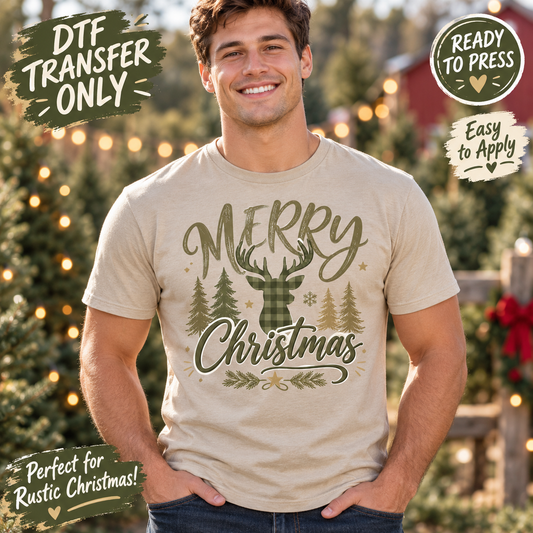 Merry Christmas Deer and Trees DTF Transfer - Rustic Green 15715