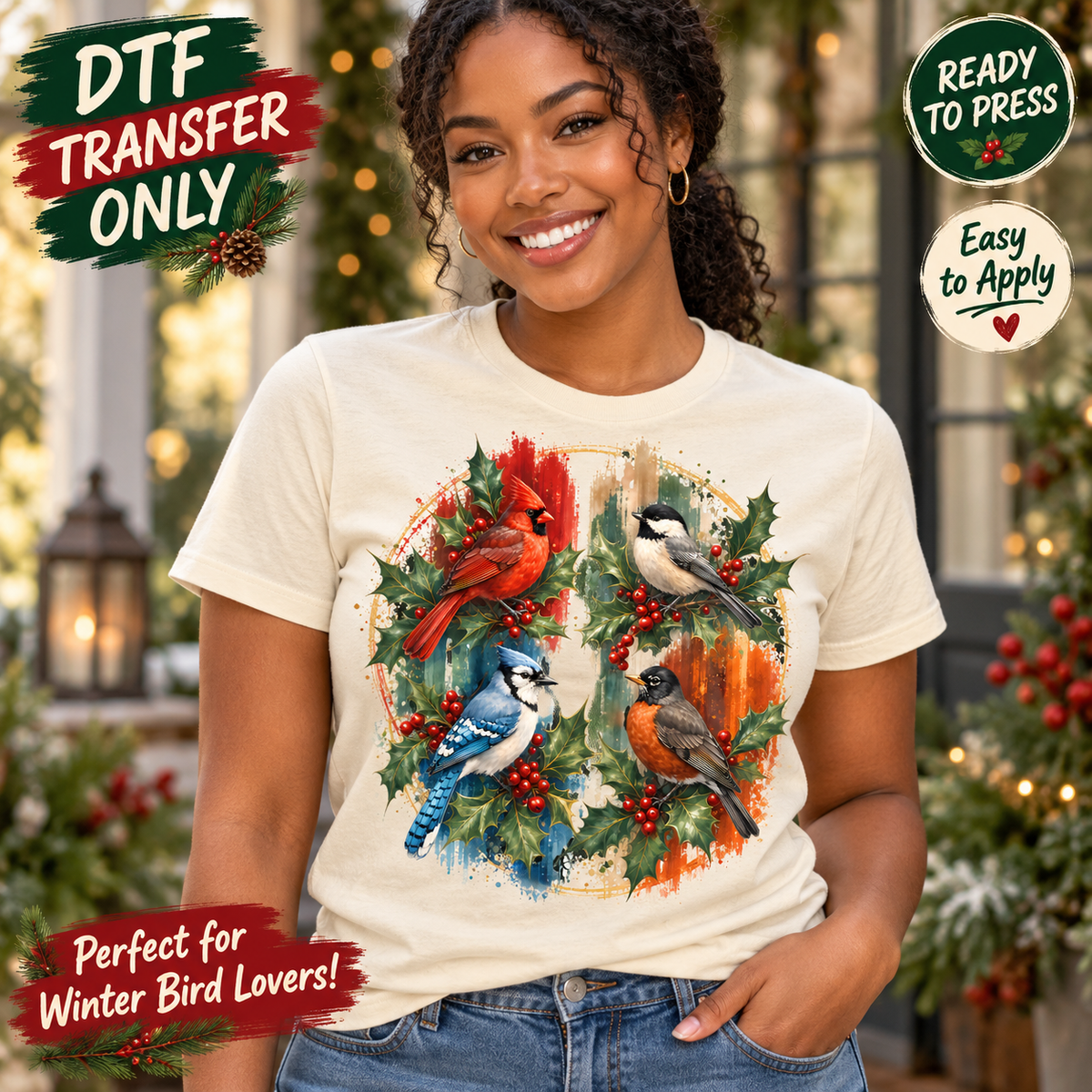 Winter Bird Collage Christmas DTF Transfer - Cardinals and Blue Jay 15717