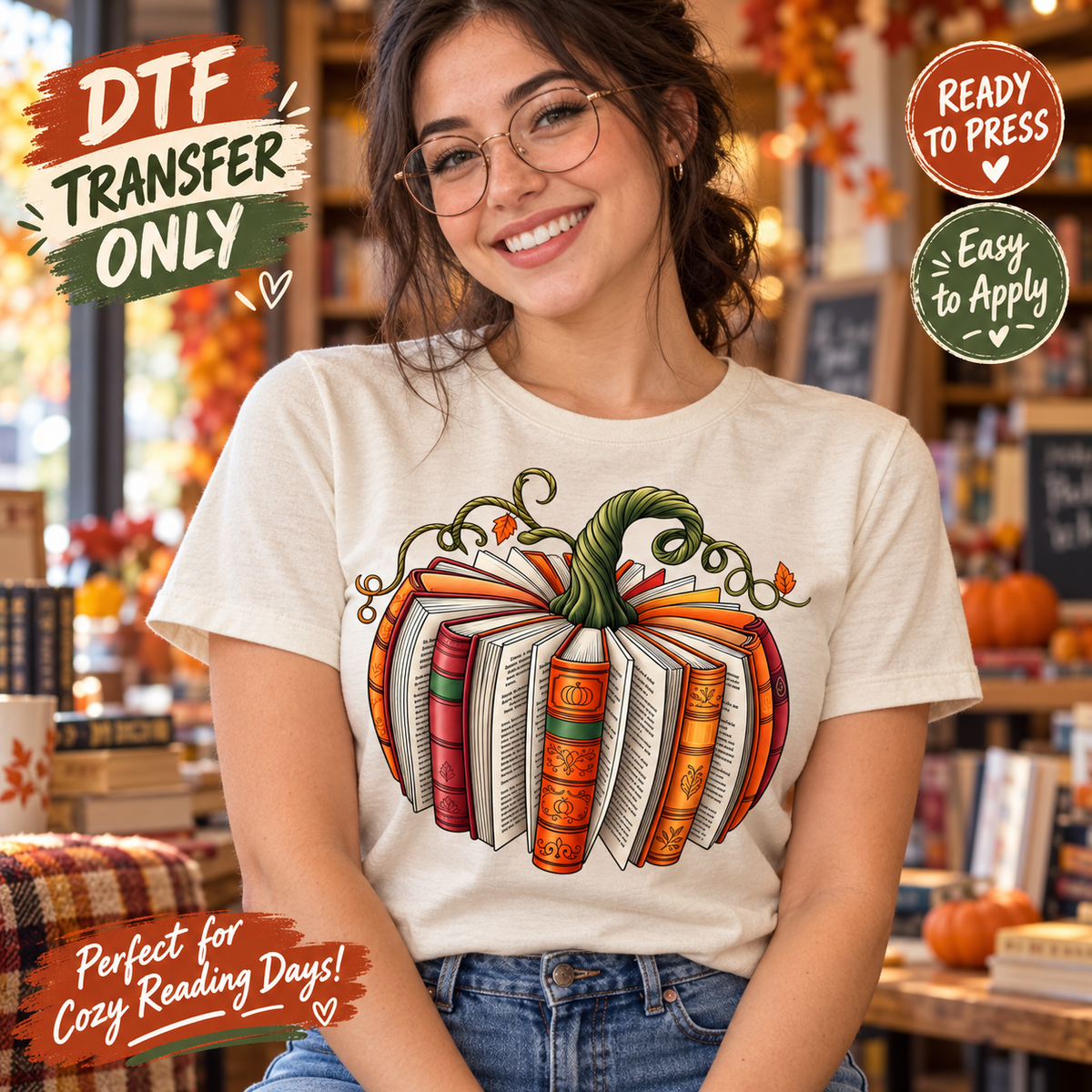Book Pumpkin Fall DTF Transfer - Autumn Reader 15719