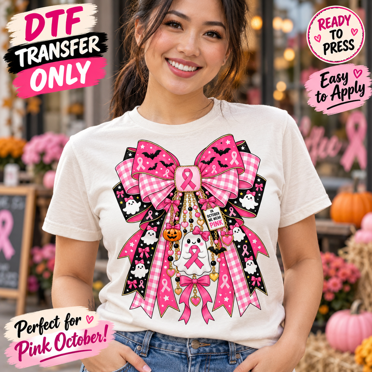 Pink October Halloween Bow Breast Cancer Awareness DTF Transfer 15720