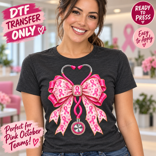 Breast Cancer Awareness Nurse Bow DTF Transfer - Heart Stethoscope 15721