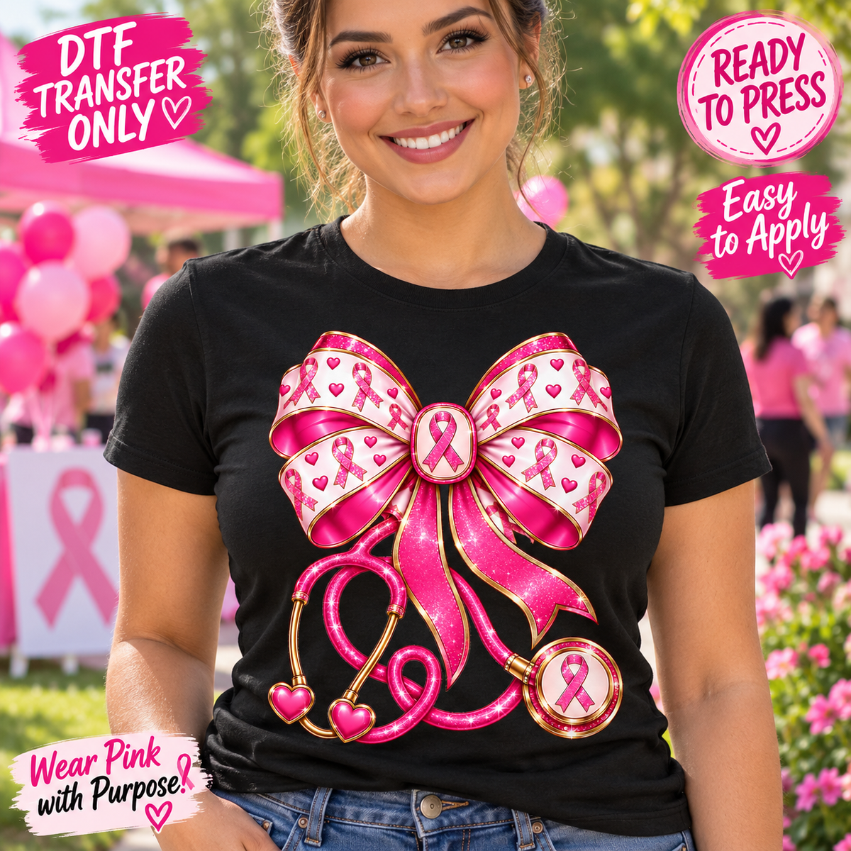 Pink Ribbon Stethoscope Bow Breast Cancer Awareness DTF Transfer 15722