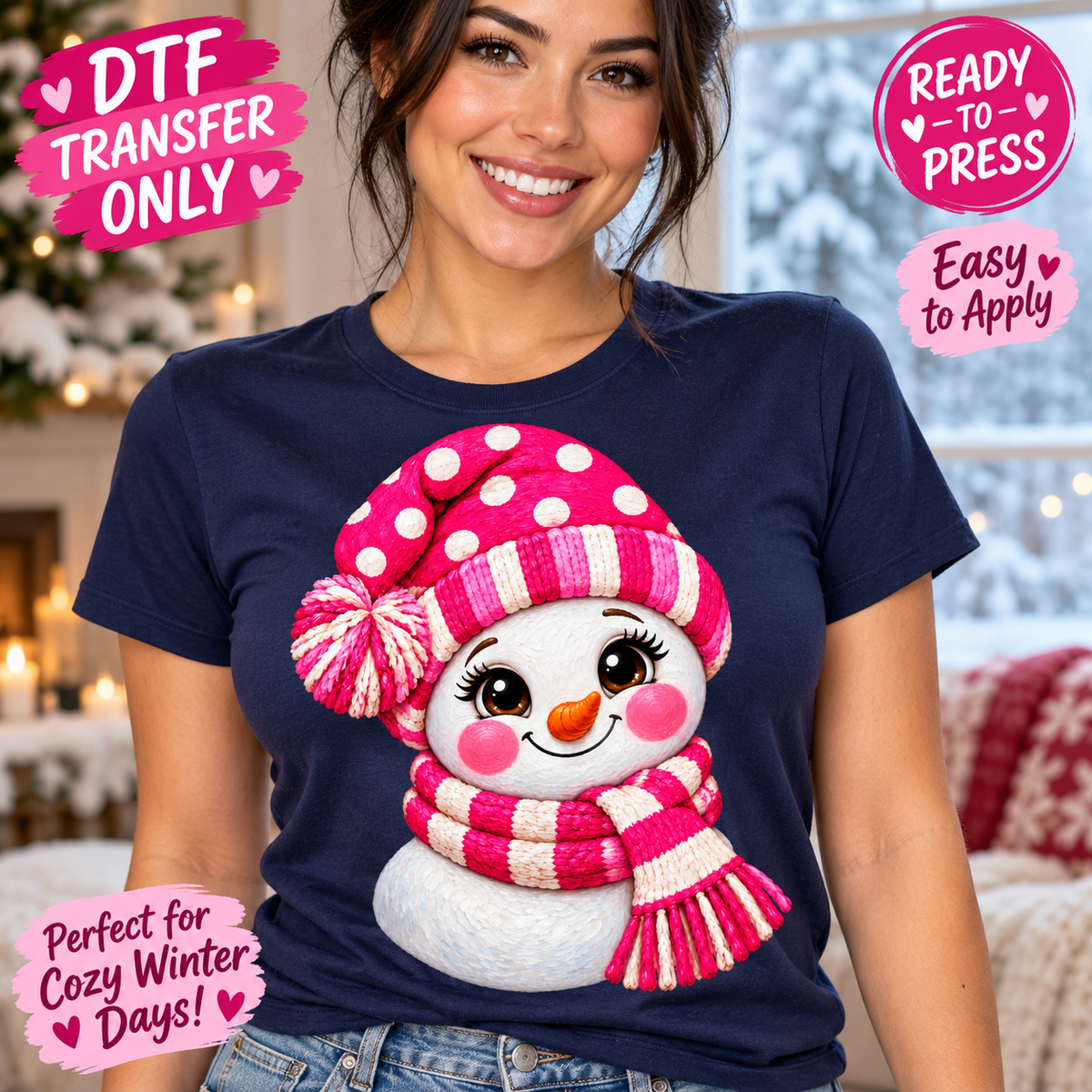 Pink Snowman Winter DTF Transfer - Polka Dot Hat 15730