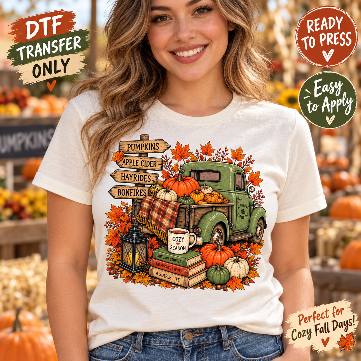 Cozy Fall Truck DTF Transfer - Pumpkins Books and Coffee 15733