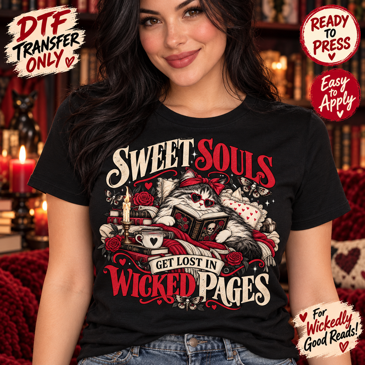 Sweet Souls Wicked Pages Reading Cat DTF Transfer 15736