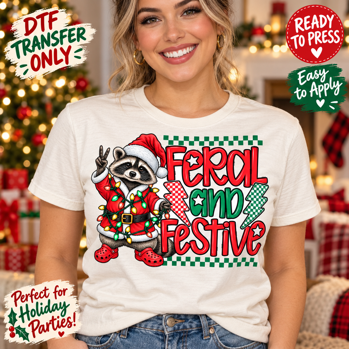 Feral and Festive Raccoon Funny Christmas DTF Transfer 15739