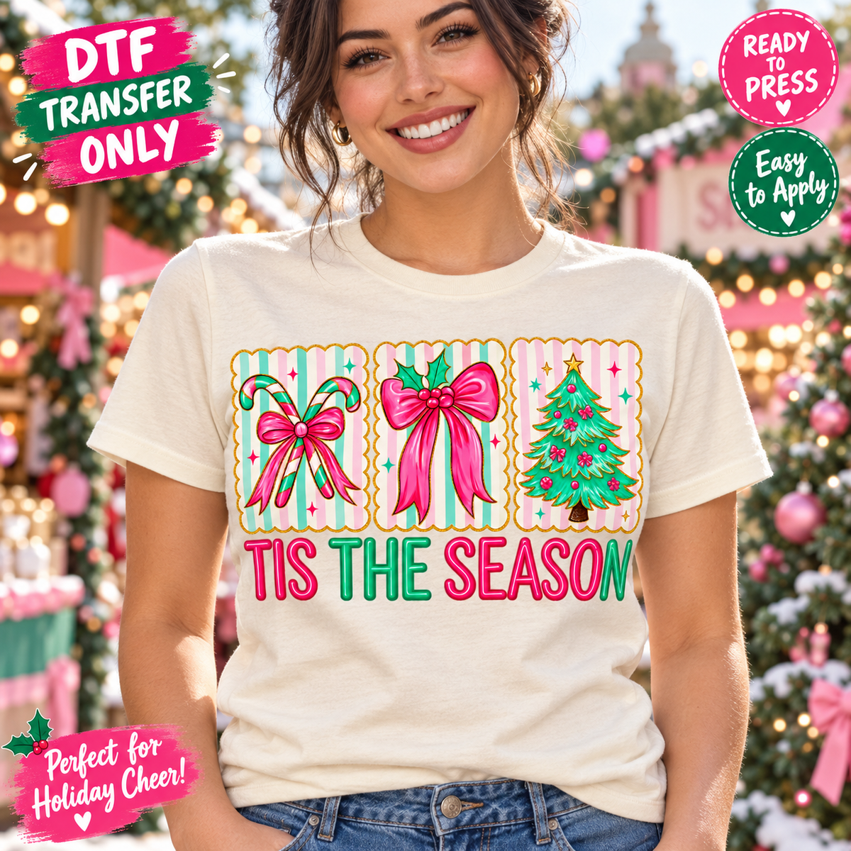 Tis the Season Christmas Bow and Tree DTF Transfer 15740