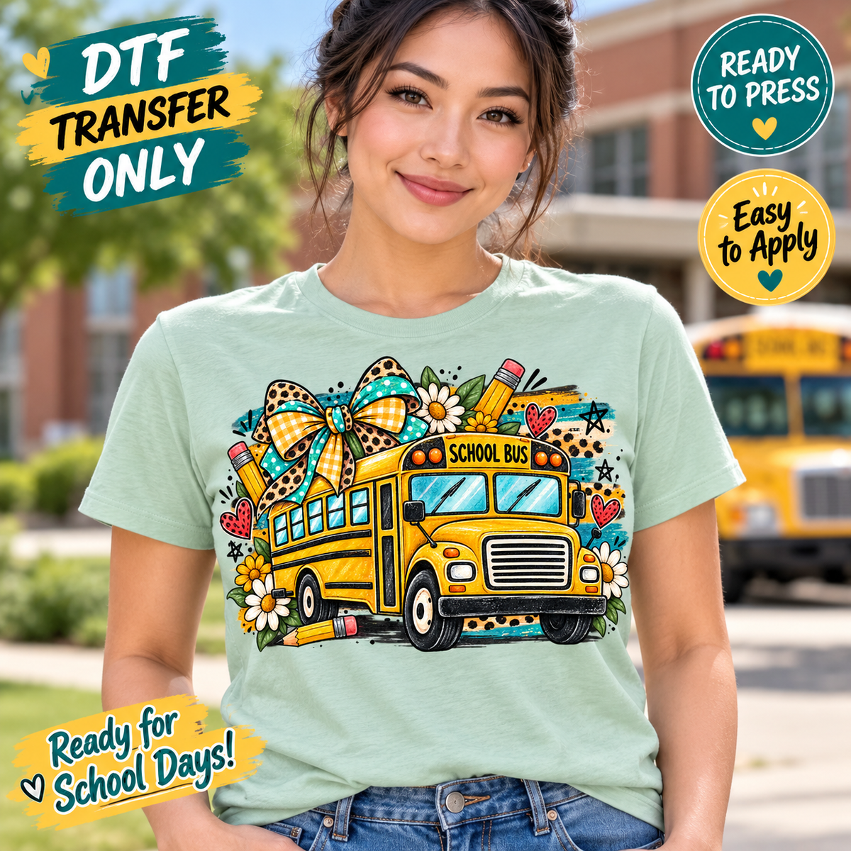 School Bus Bow DTF Transfer Back to School 15749