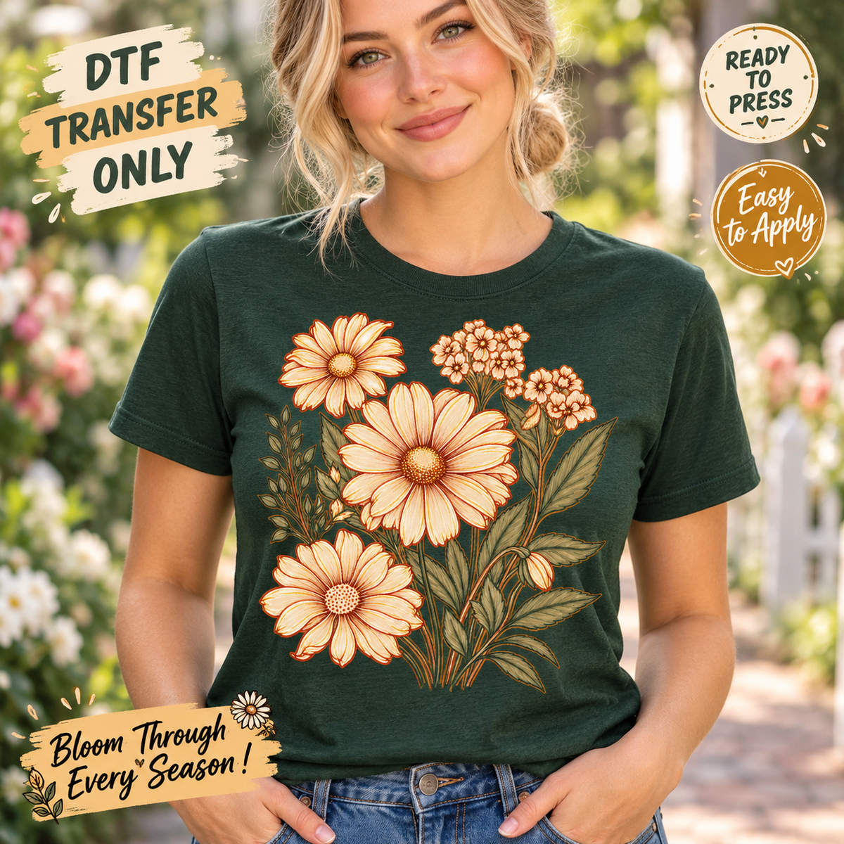 Vintage Daisy Bouquet DTF Transfer Botanical Flowers 15750