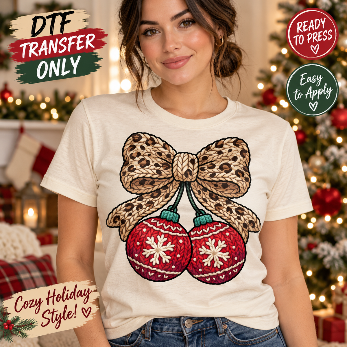 Leopard Bow Christmas Ornaments DTF Transfer 15751