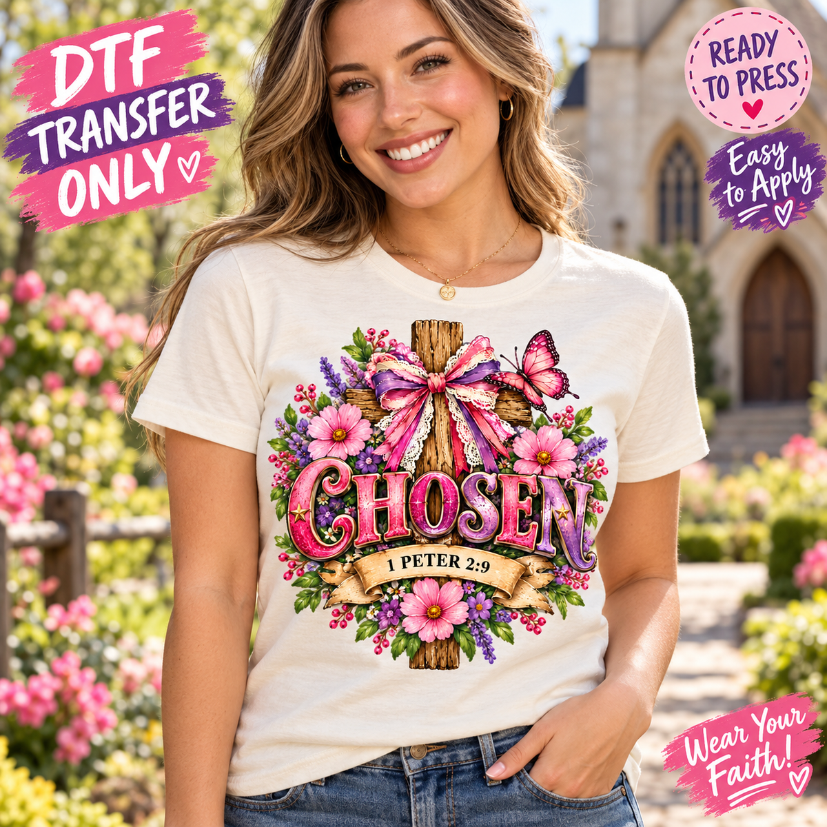 Chosen Cross DTF Transfer Christian Floral Faith 15754