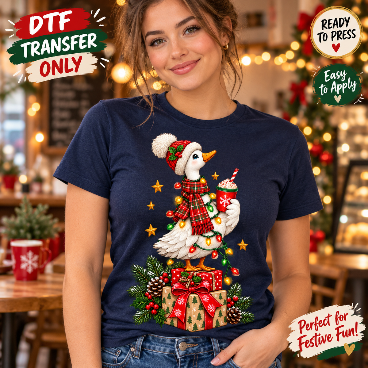 Christmas Goose DTF Transfer Santa Hat Holiday Lights 15757