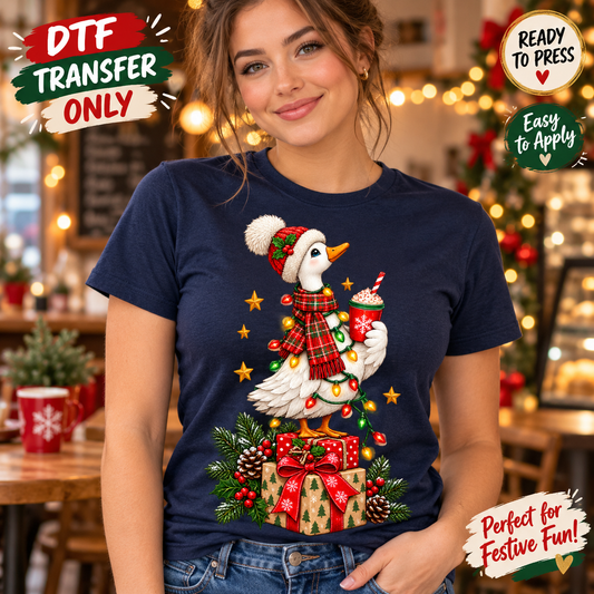 Christmas Goose DTF Transfer Santa Hat Holiday Lights 15757