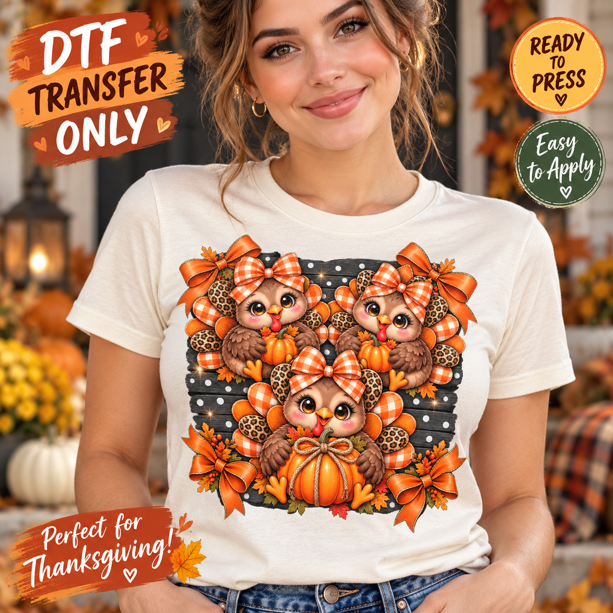 Cute Turkey Trio DTF Transfer Thanksgiving Bows 15760