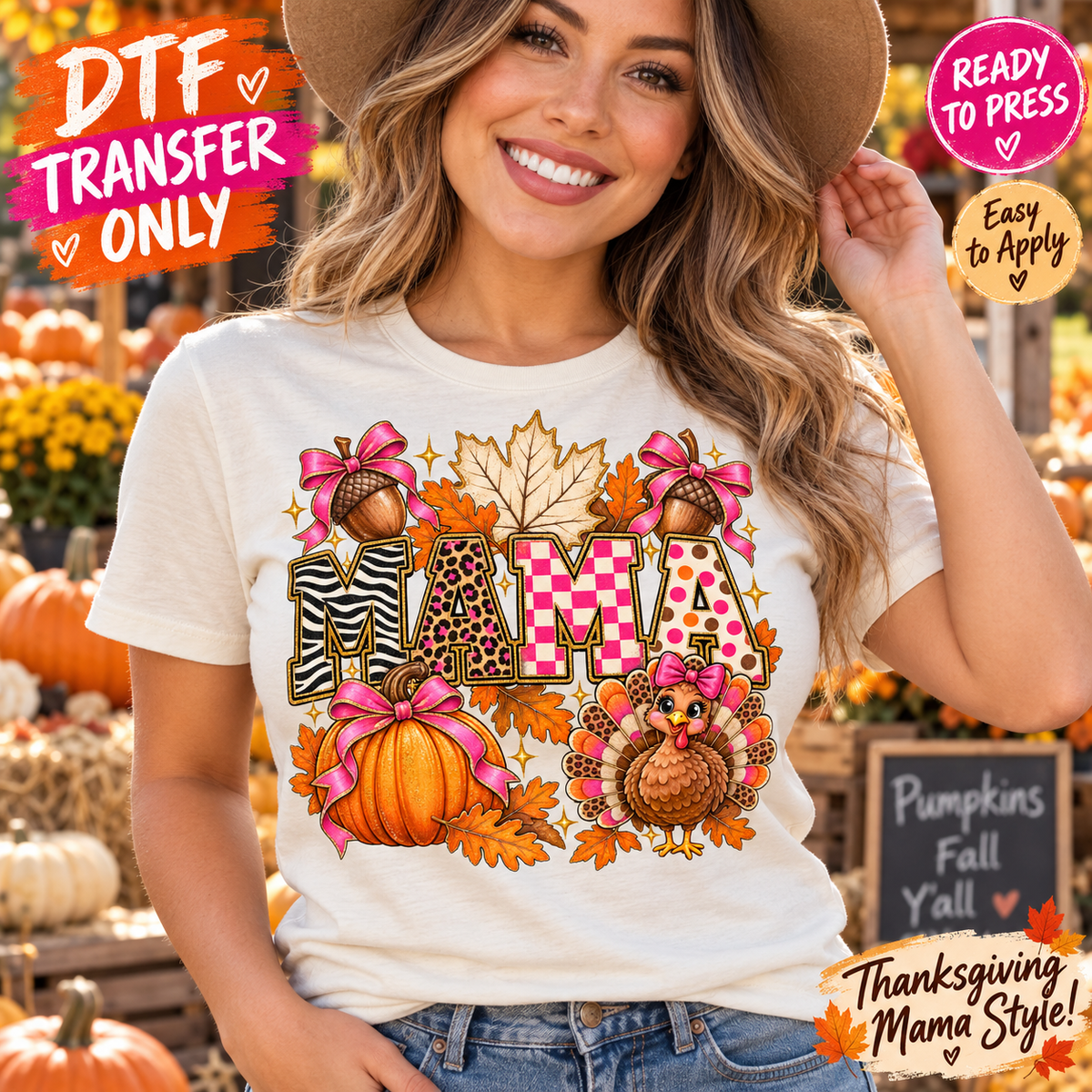 Mama Turkey Pumpkin DTF Transfer Thanksgiving Pink Bows 15761