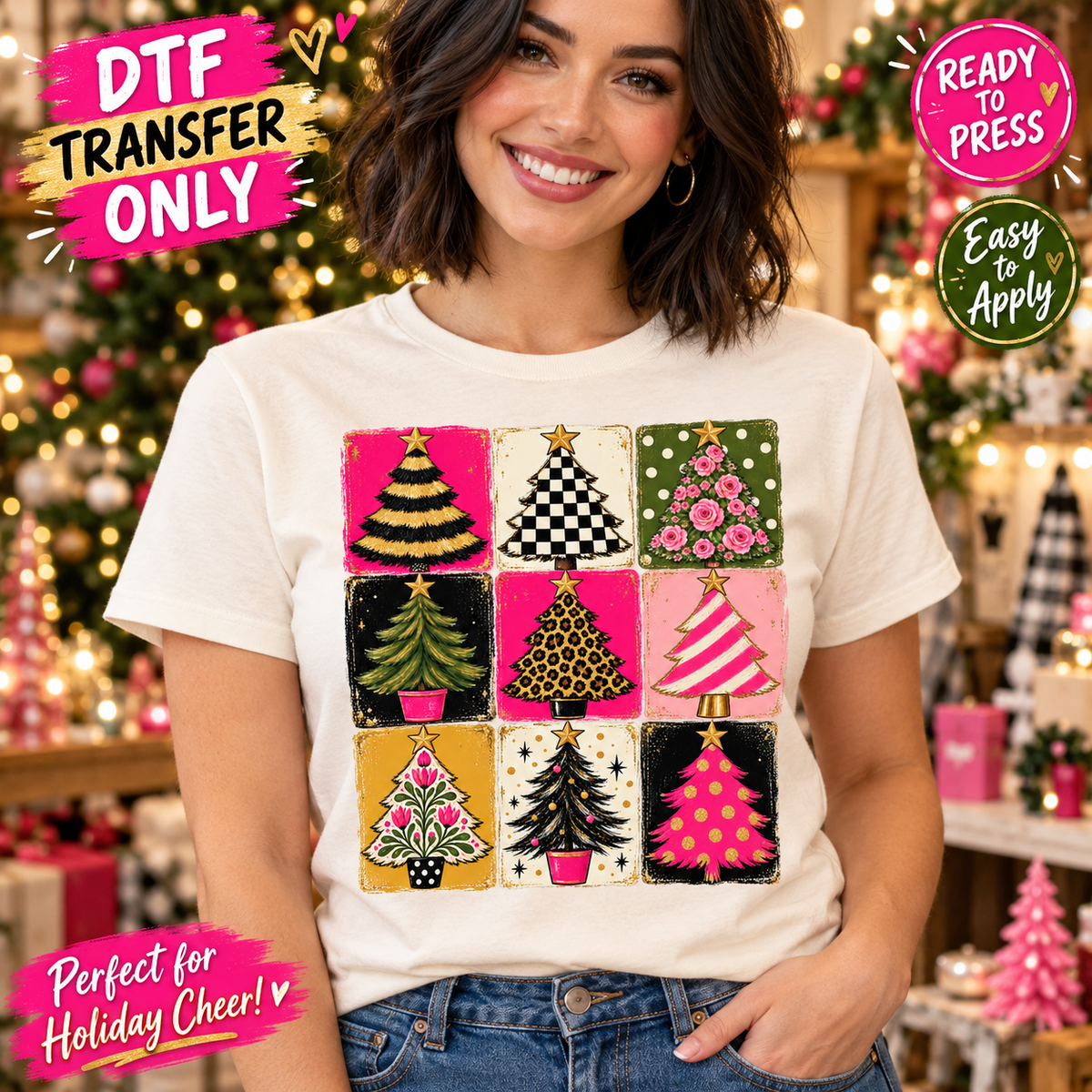 Patchwork Christmas Tree Grid DTF Transfer Pink Leopard 15764