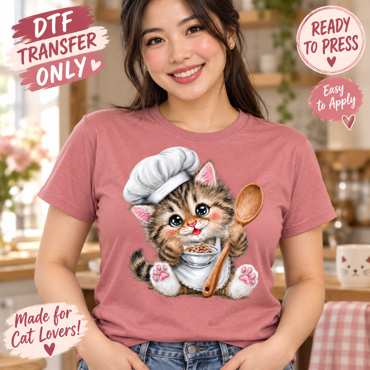 A woman wearing a dusty rose pink t-shirt with a graphic of a cute cartoon kitten dressed as a chef holding a wooden spoon. The image includes promotional text overlays for a DTF (Direct to Film) transfer product.