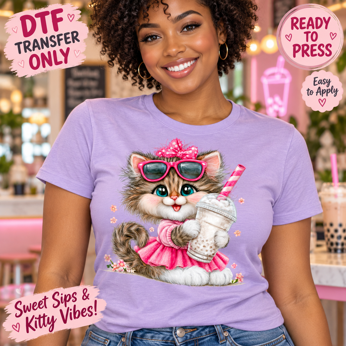Pink Sunglasses Milkshake Kitten DTF Transfer 15770