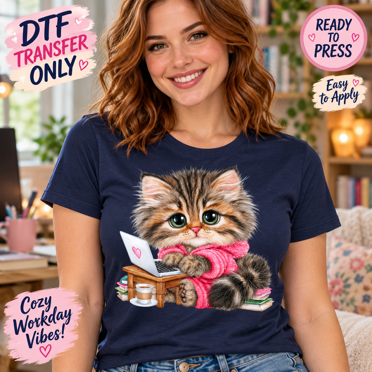Laptop Kitten DTF Transfer – Cozy Workday Cat 15771