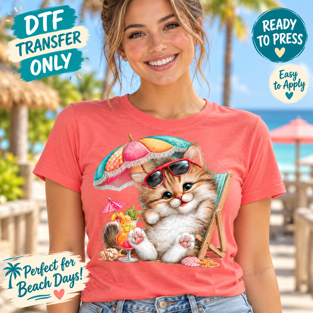 A woman wearing a coral pink graphic t-shirt with a cartoon kitten beach scene, set against a tropical beach background. The image includes promotional badges for DTF transfer and application.