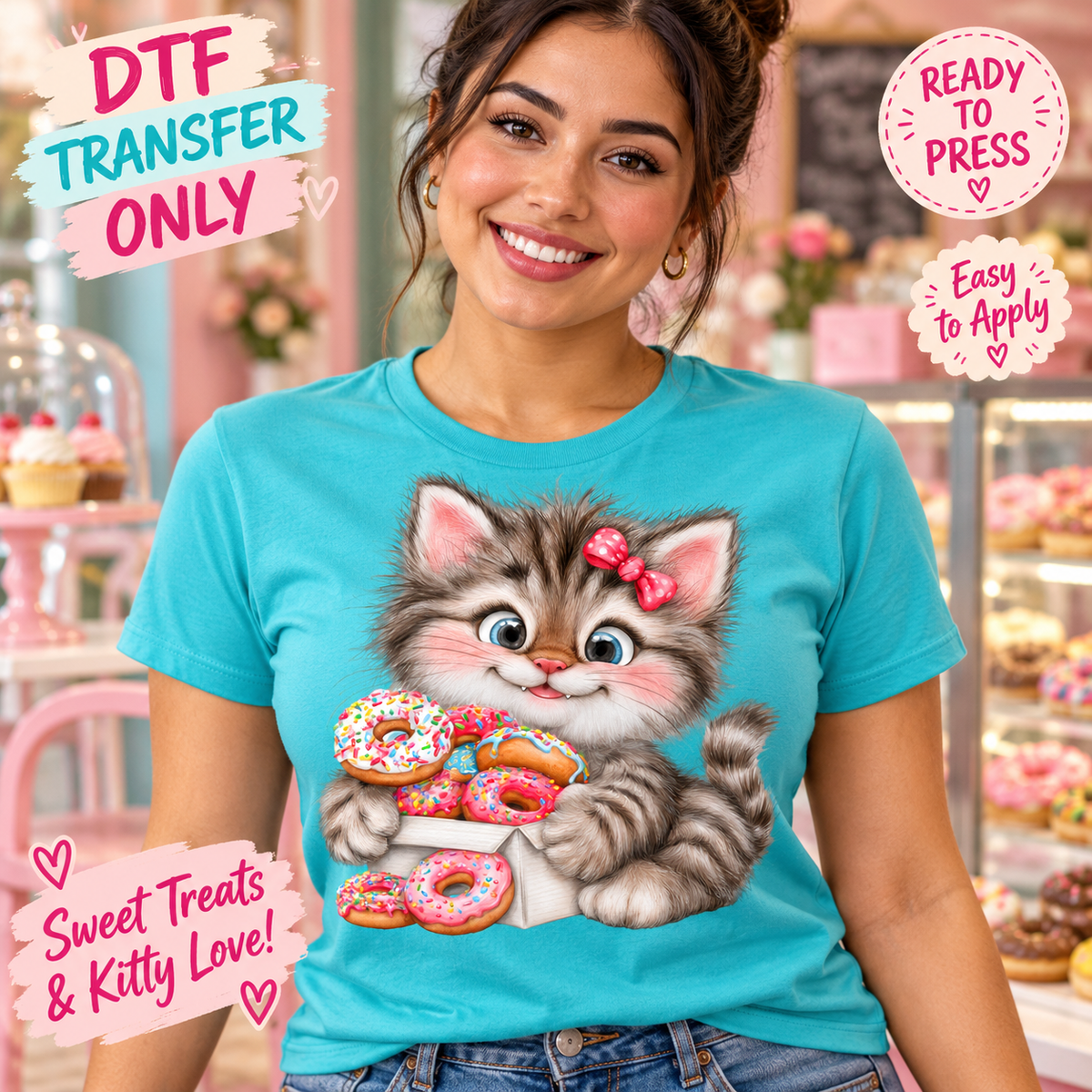 A woman wearing a bright turquoise T-shirt with a large graphic of a smiling tabby kitten holding pink and orange donuts. The background is a softly blurred bakery interior.